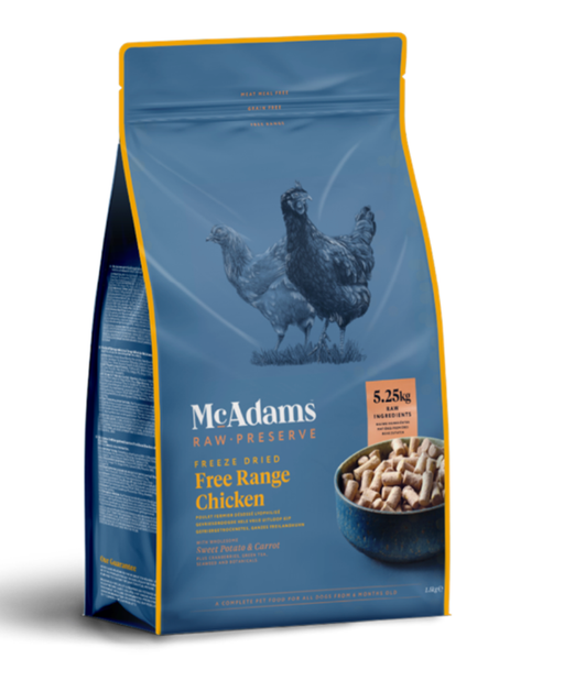 McAdams Raw Preserve Free Range Chicken sits on a white background