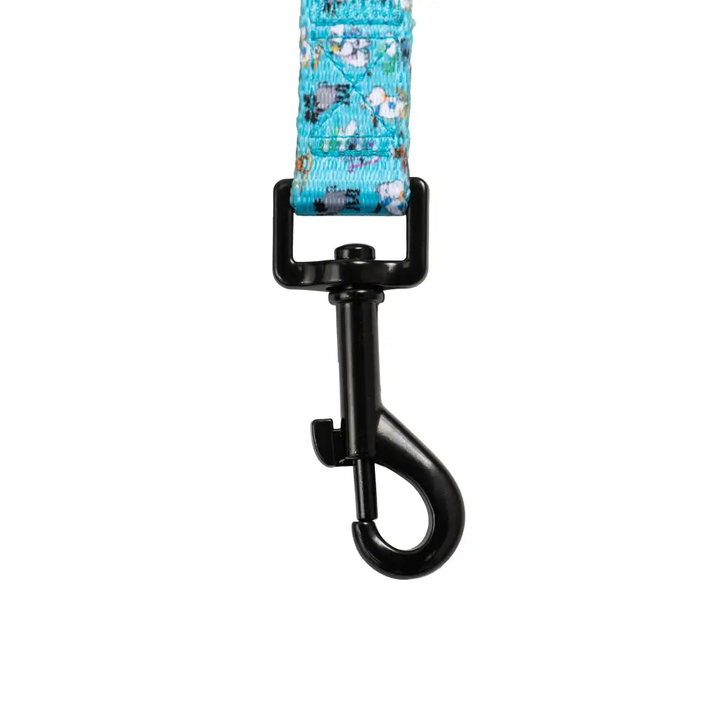 Blue floral Moomins Blue Holiday Dog Lead with black hardware and hook by Soho Poms