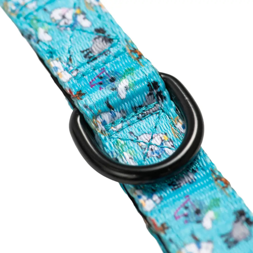 Moomins Blue Holiday dog collar with floral design and black hardware for stylish pets