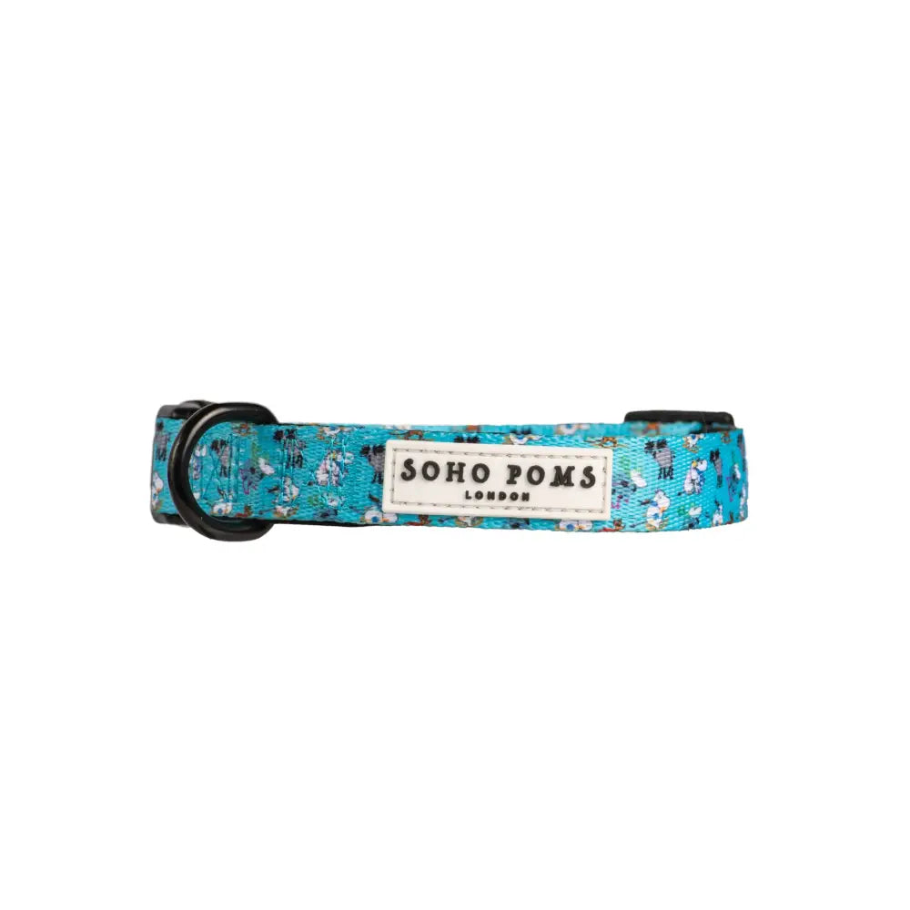 Blue floral Dog Collar with Soho Poms branding from the Moomins Blue Holiday Dogs collection