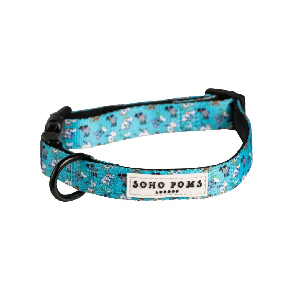 Blue floral Moomins holiday dog collar by Soho Poms with branding and padded design