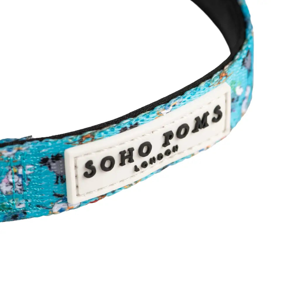Blue floral Soho Poms Moomins padded dog collar with Soho Poms London logo