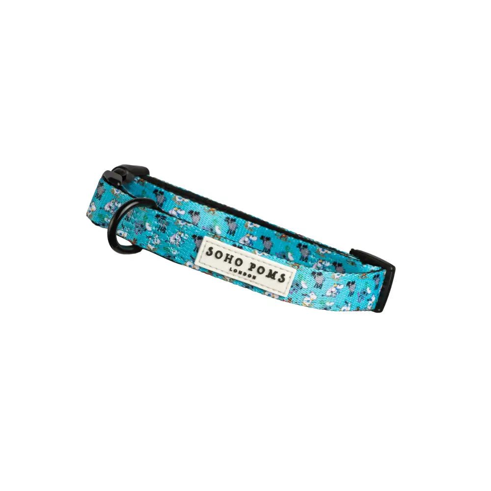Soho Poms Moomins Blue Holiday Dogs Padded Collar with floral design and black hardware