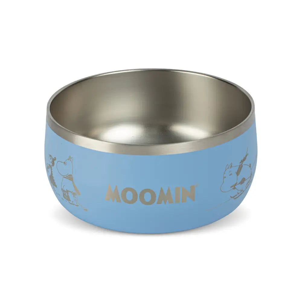 Blue Moomins-themed stainless steel pet bowl with gold lettering, ideal for natural cat food
