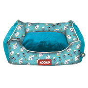 Moomin pet bed with sheep pattern in teal and white, perfect for blue ski holidays