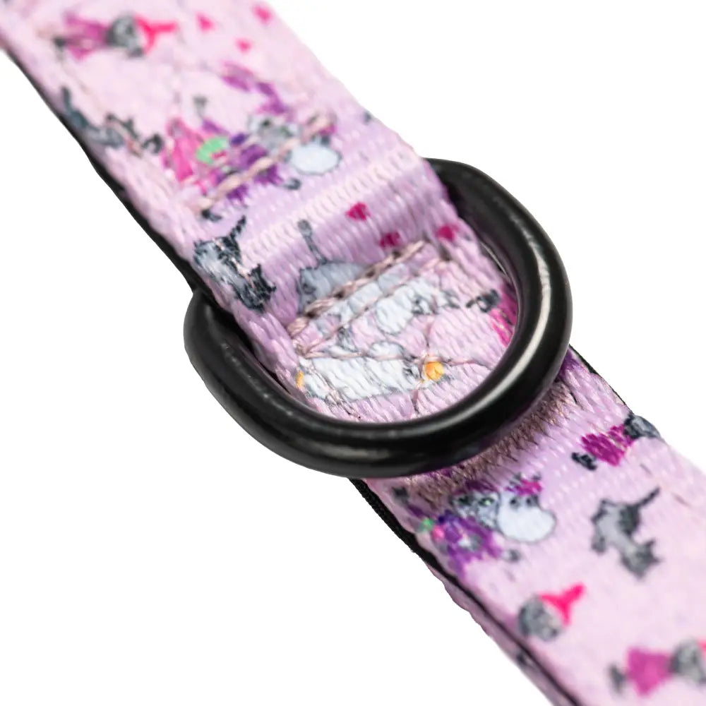 Pink unicorn-themed cat collar with black buckle from Moomins Pink Champagne collection