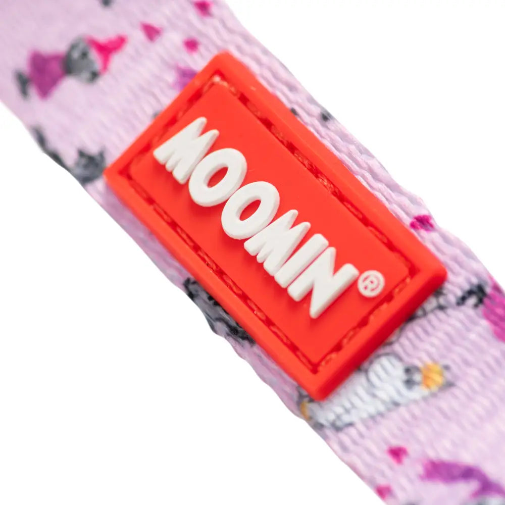Pink and white Moomins Pink Champagne fabric dog lead with red plastic buckle
