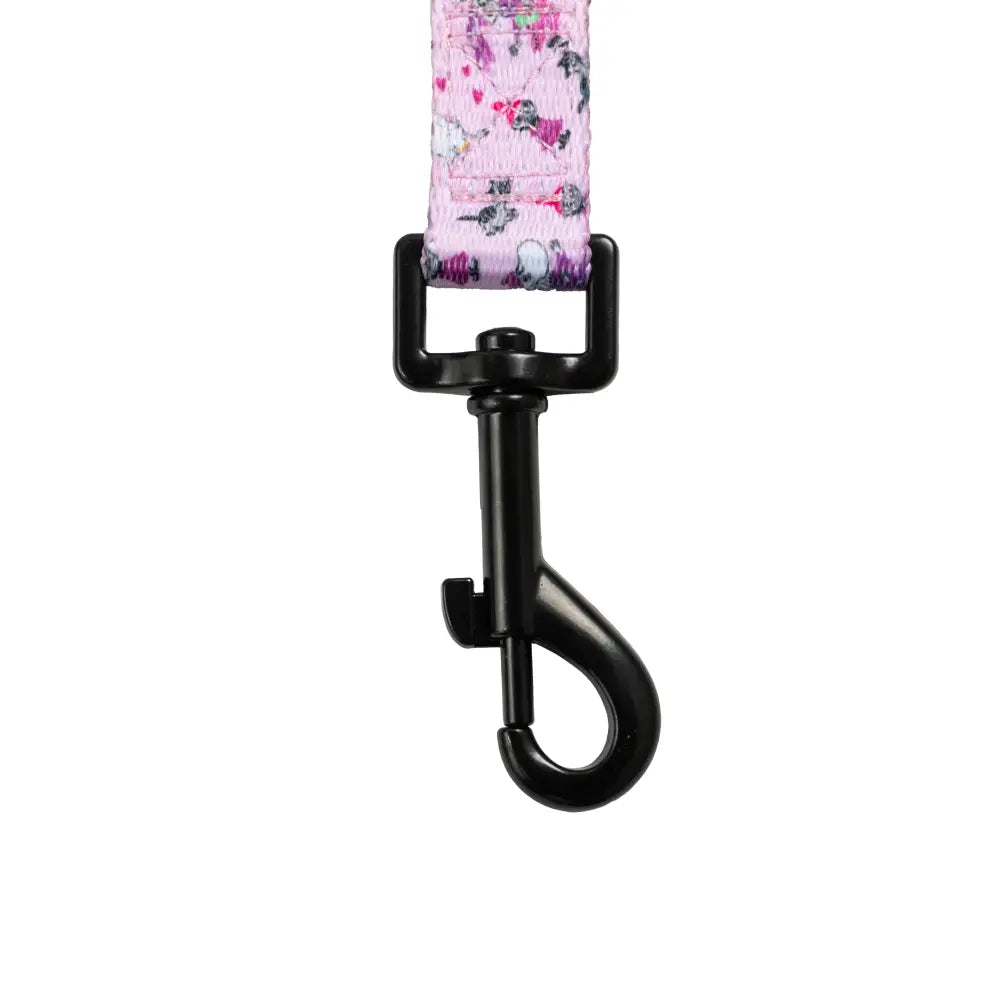 Moomins Pink Champagne dog lead with pink floral design, black hardware, and hook