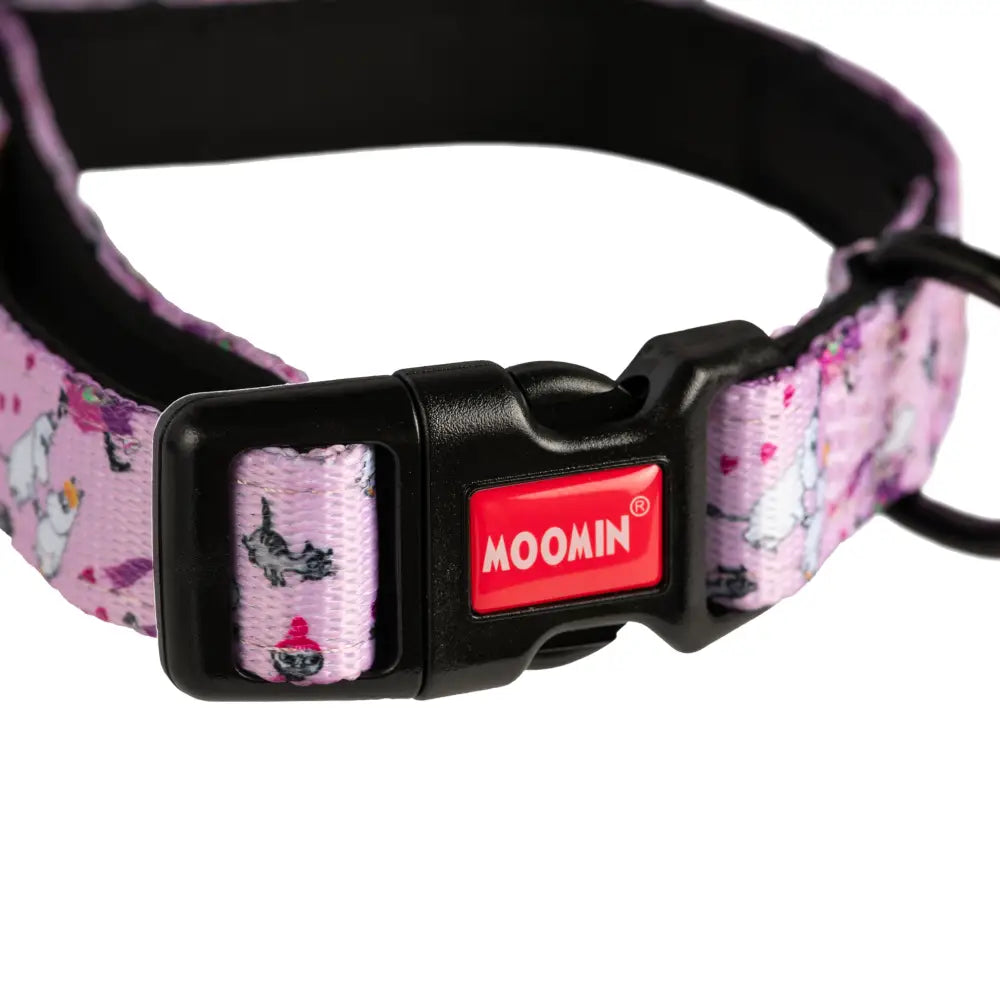Pink and white Moomins dog collar with black buckle from Soho Poms, perfect for stylish dogs