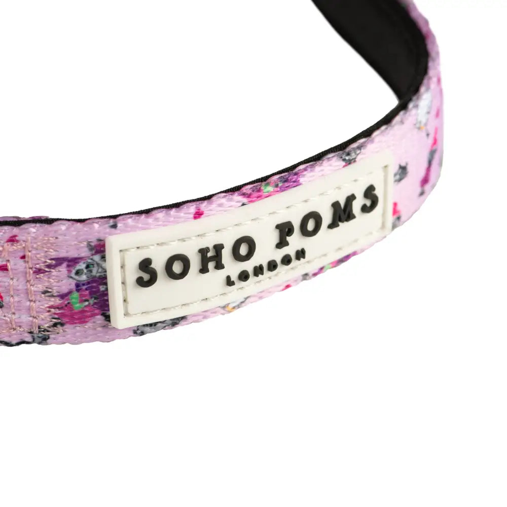 Pink floral Soho Poms Moomins padded dog collar with Soho Poms London label