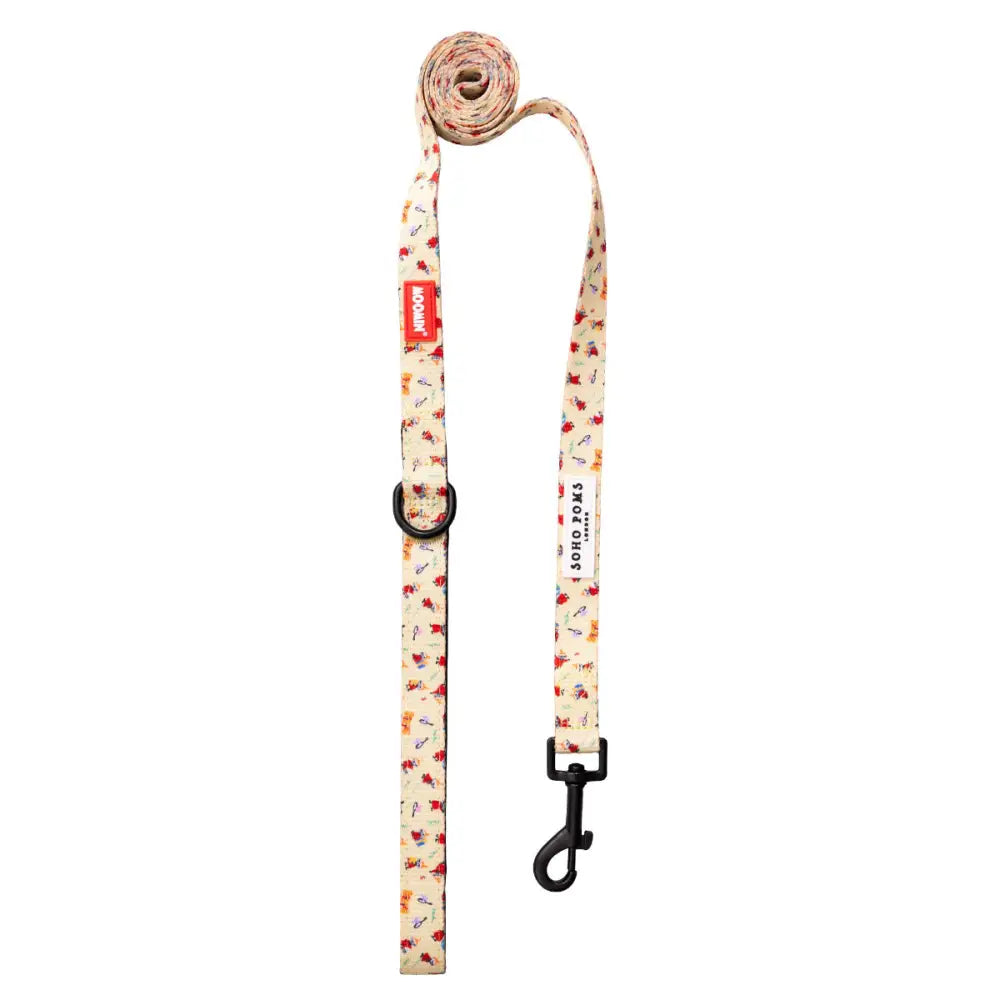 Cream-colored dog leash with red hearts and black hardware from Moomins Yellow Sunrise collection