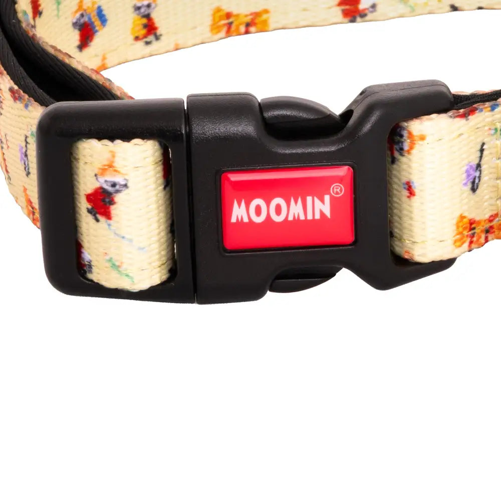 Moomins Yellow Sunrise Dogs Padded Collar by Soho Poms with colorful cartoon design and red buckle
