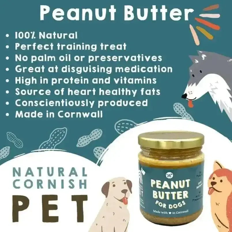 Natural Cornish Pet Peanut Butter for Dogs in a jar with golden lid and label