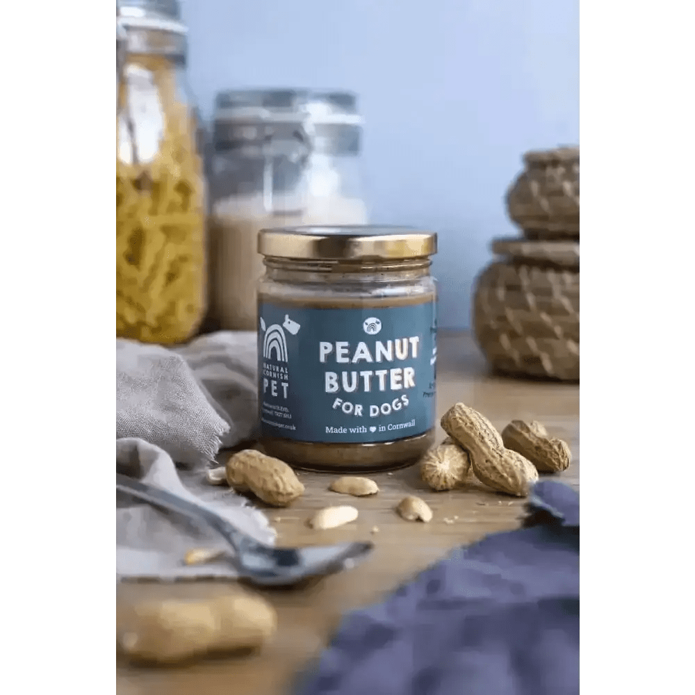 Natural Cornish Pet peanut butter jar for dogs with blue label and gold lid