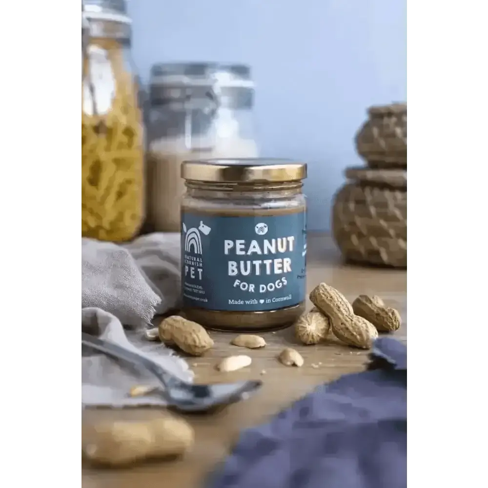 Natural Cornish Pet peanut butter jar for dogs with blue label and gold lid