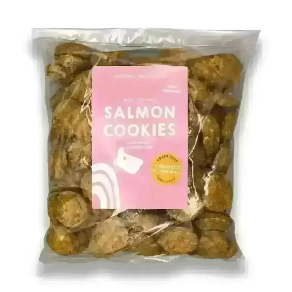Salmon cookies in clear plastic bag with pink label and white dog logo for natural dog treats