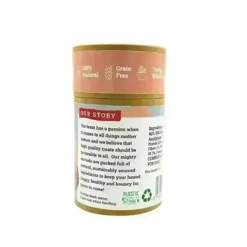 Natural dog treats jar with peach label and gold accents for potato cookies and salmon