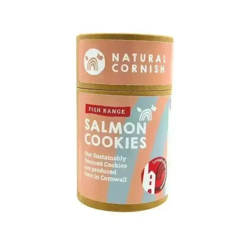 Natural dog treats Salmon cookies in pink and gold fish-design tin with potatoes