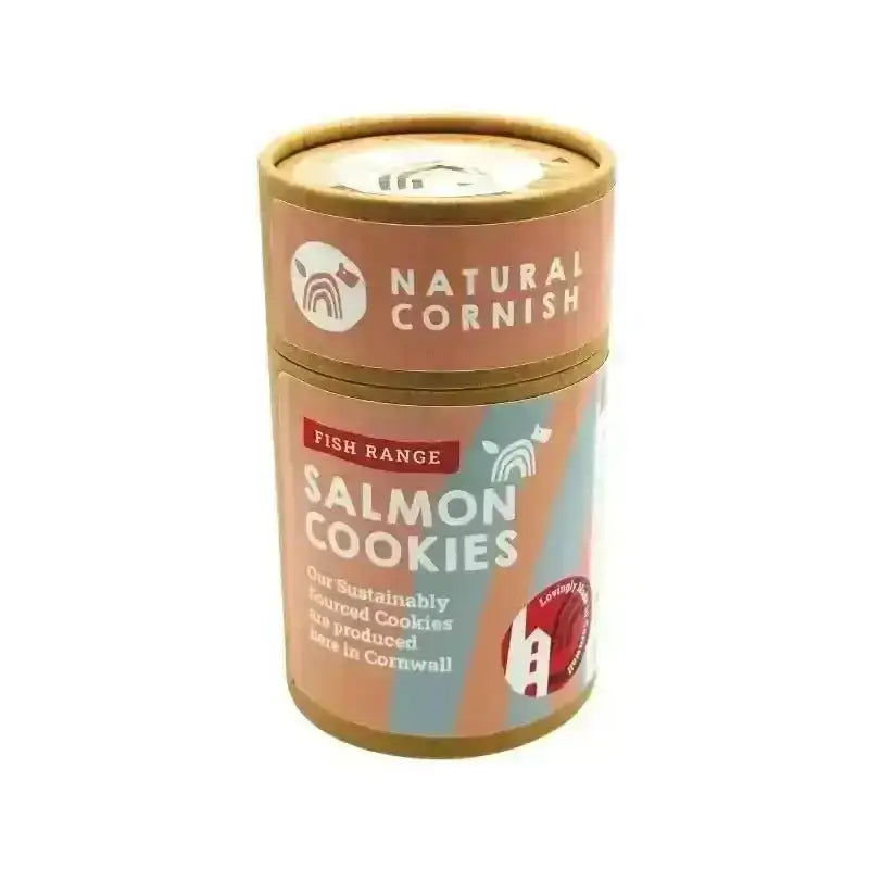 Salmon cookies tin from Natural Cornish with pink and brown design and rainbow accents