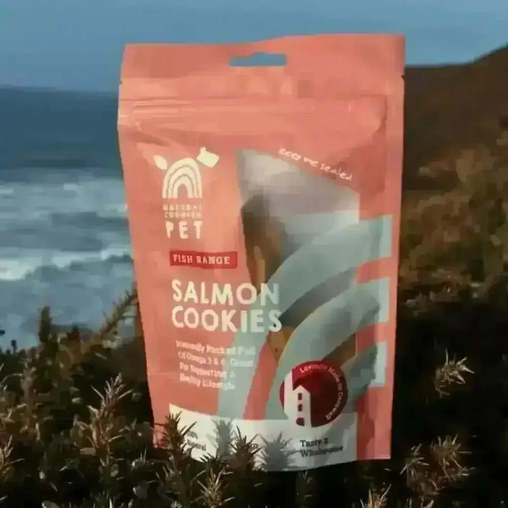 Salmon cookies bag with fish range label on pink background for natural dog treats