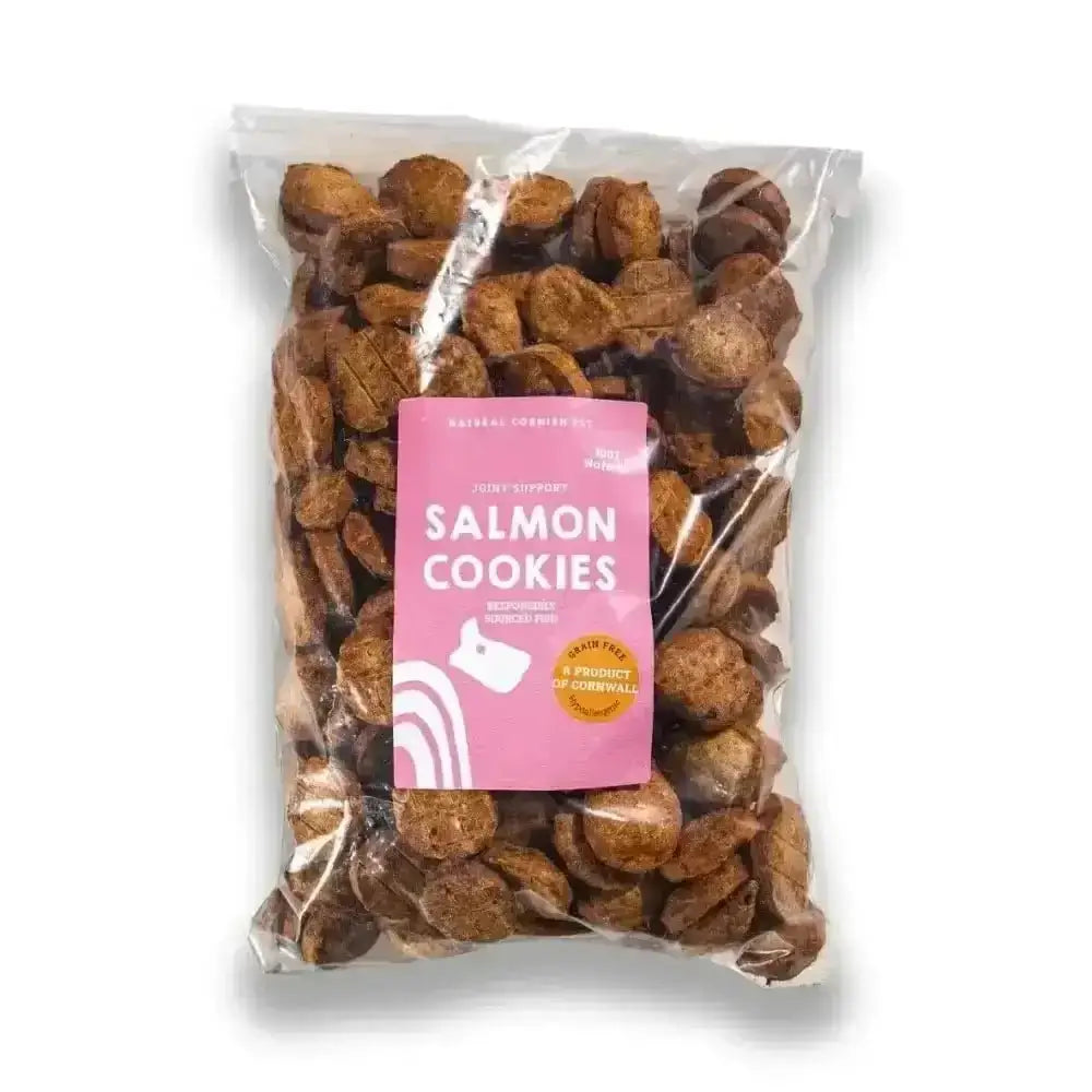 Natural Cornish Salmon and Potato Cookies in clear bag with pink label for natural dog treats