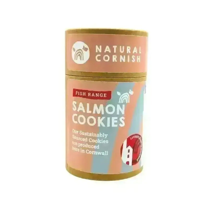 Natural dog treats Salmon cookies in pink and gold fish-design tin with potatoes