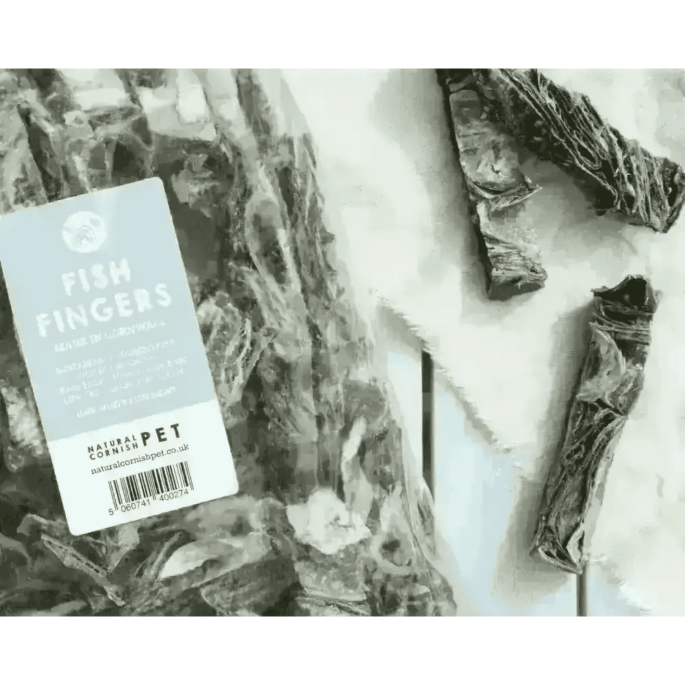 Natural Cornish Whitefish Fingers in clear packaging with green and white label, made of natural ingredients