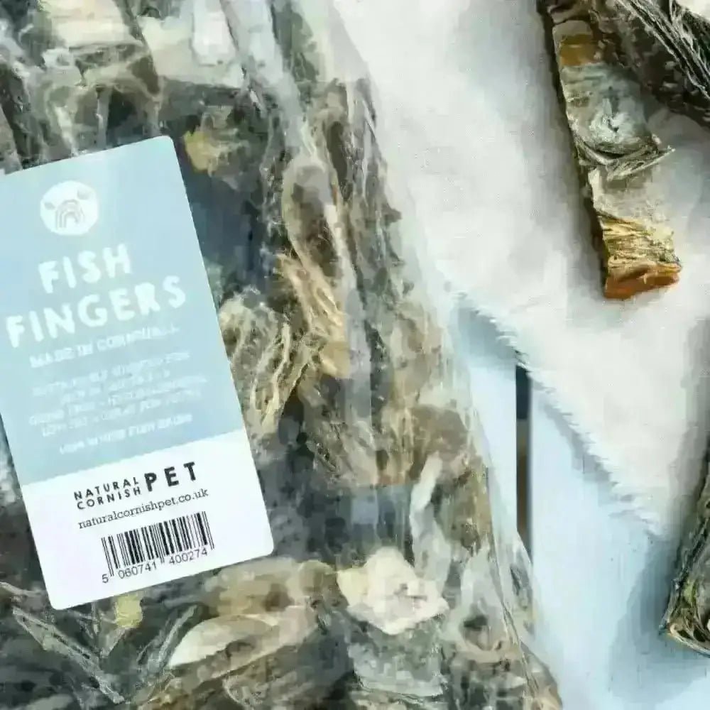 Natural Cornish Whitefish Fingers in clear bag with blue label made from 100% white fish meat