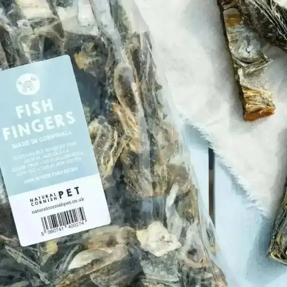 Natural Cornish Whitefish Fingers in clear bag with blue label made from 100% white fish meat