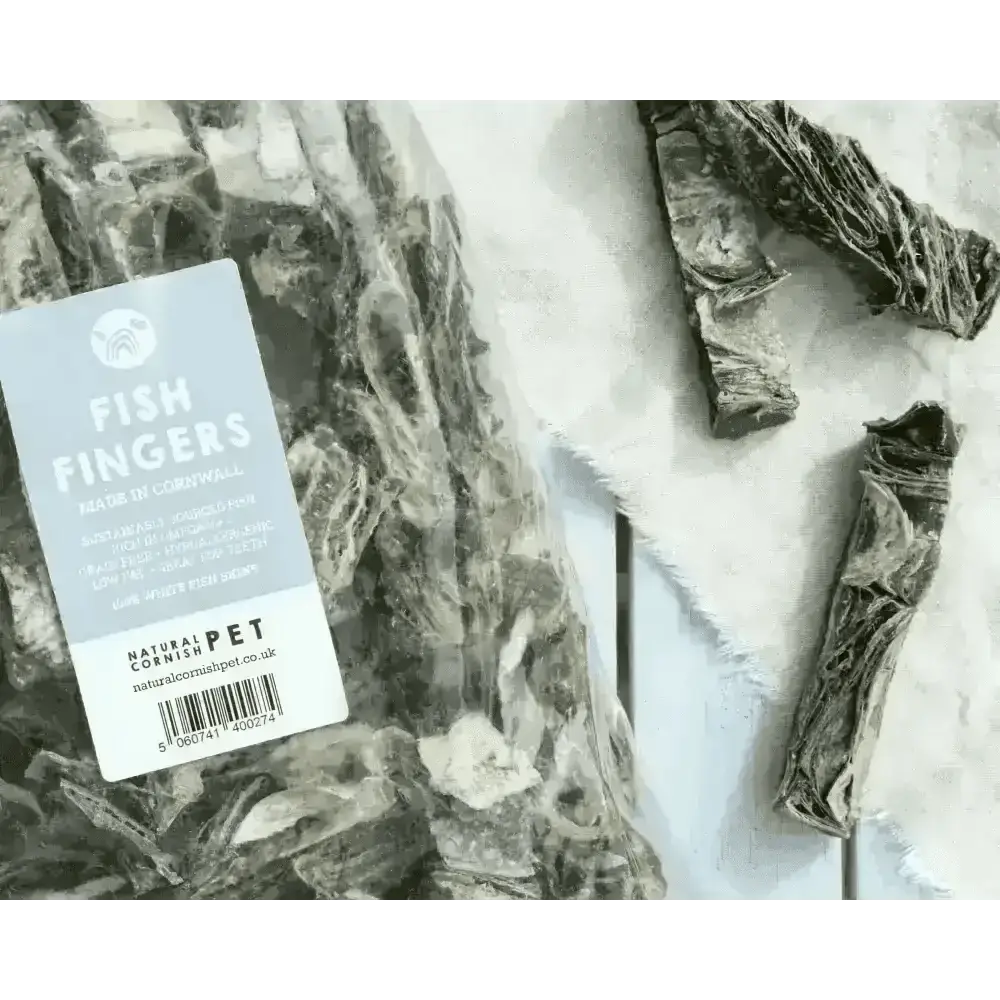 Natural Cornish Whitefish Fingers in clear packaging with green and white label, made of natural ingredients