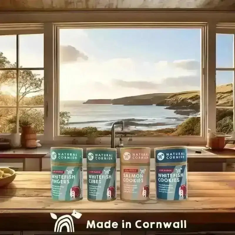 Natural Cornish Whitefish Fingers in blue and green package, made with white fish skins