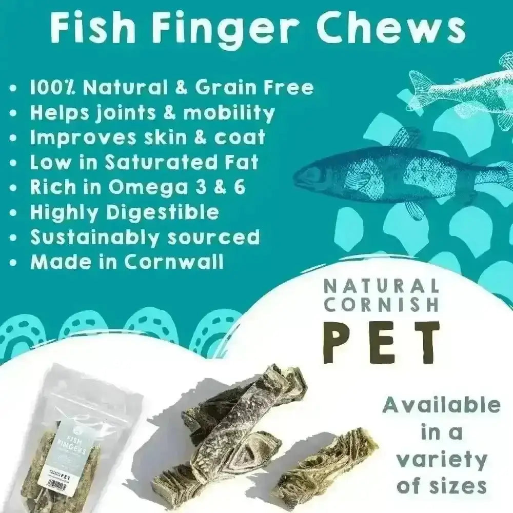 Natural Cornish Whitefish Fingers featuring fish finger chews in natural cornish pet packaging