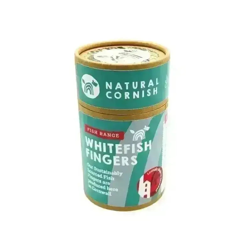 Natural Cornish Whitefish Fingers in teal and white cylindrical container