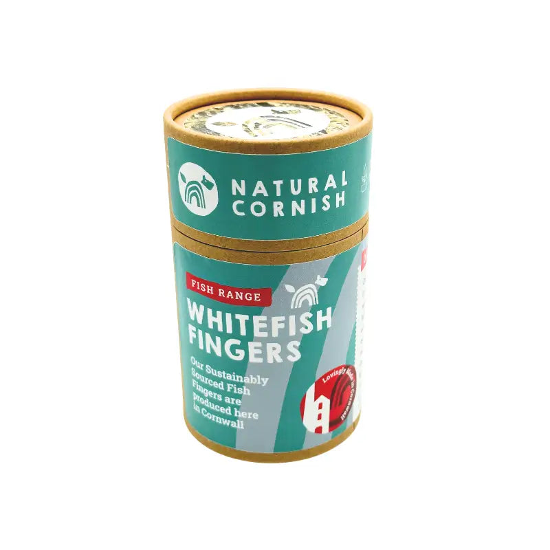 Natural Cornish Whitefish Fingers in teal and white cylindrical container