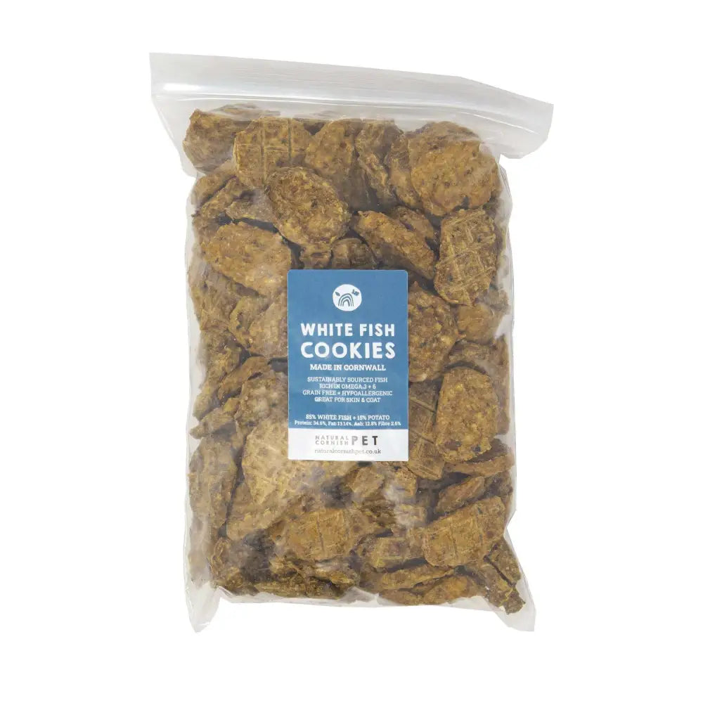 Natural Cornish Whitefish and Potato Cookies for dogs in clear packaging with blue label