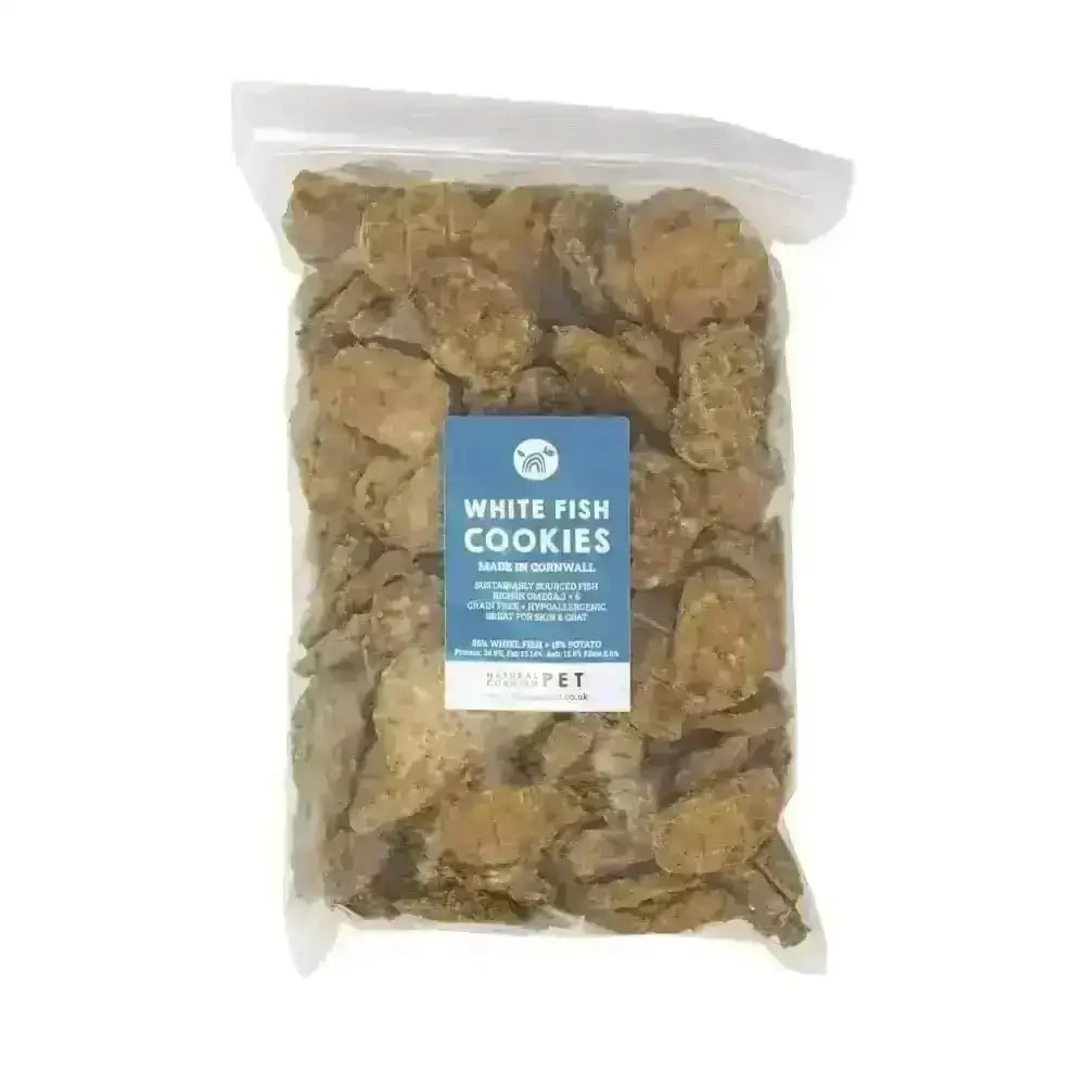 Natural Cornish Whitefish and Potato Cookies for dogs in clear packaging with blue label