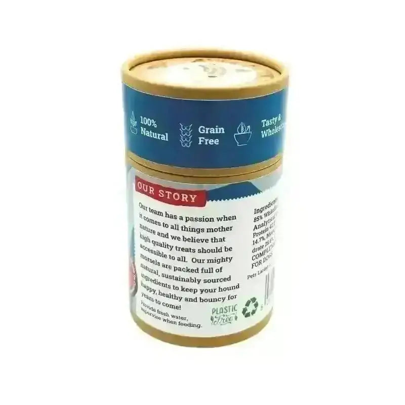 Natural Grain-Free Dog Treats Tin with Blue and White Label for Potato Cookies