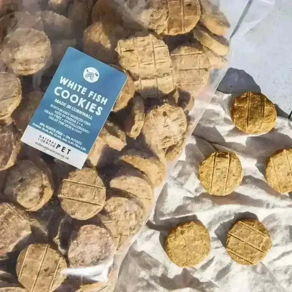 Natural Cornish Whitefish and Potato Cookies in clear bag, ideal natural dog treats