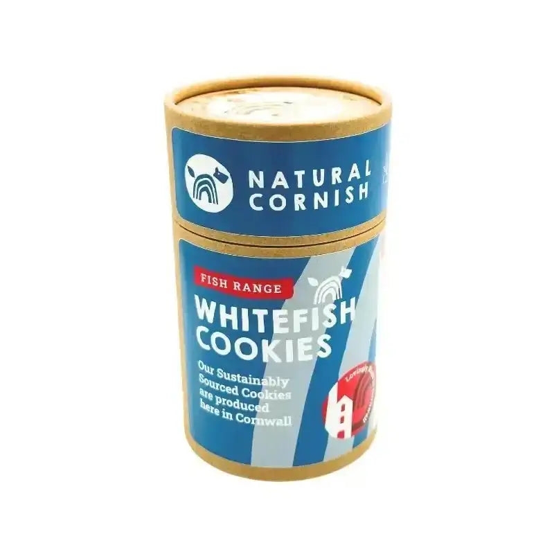 Whitefish and potato cookies tin with blue and brown label, natural dog treats from Cornish brand
