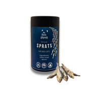 Blue cylindrical container of natural dried sprats for dogs as meal topper