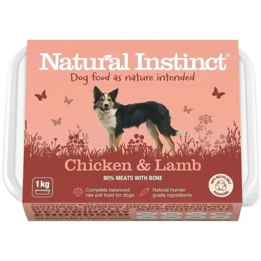 Natural Instinct Natural Chicken and Lamb dog food box with natural chicken and lamb heart