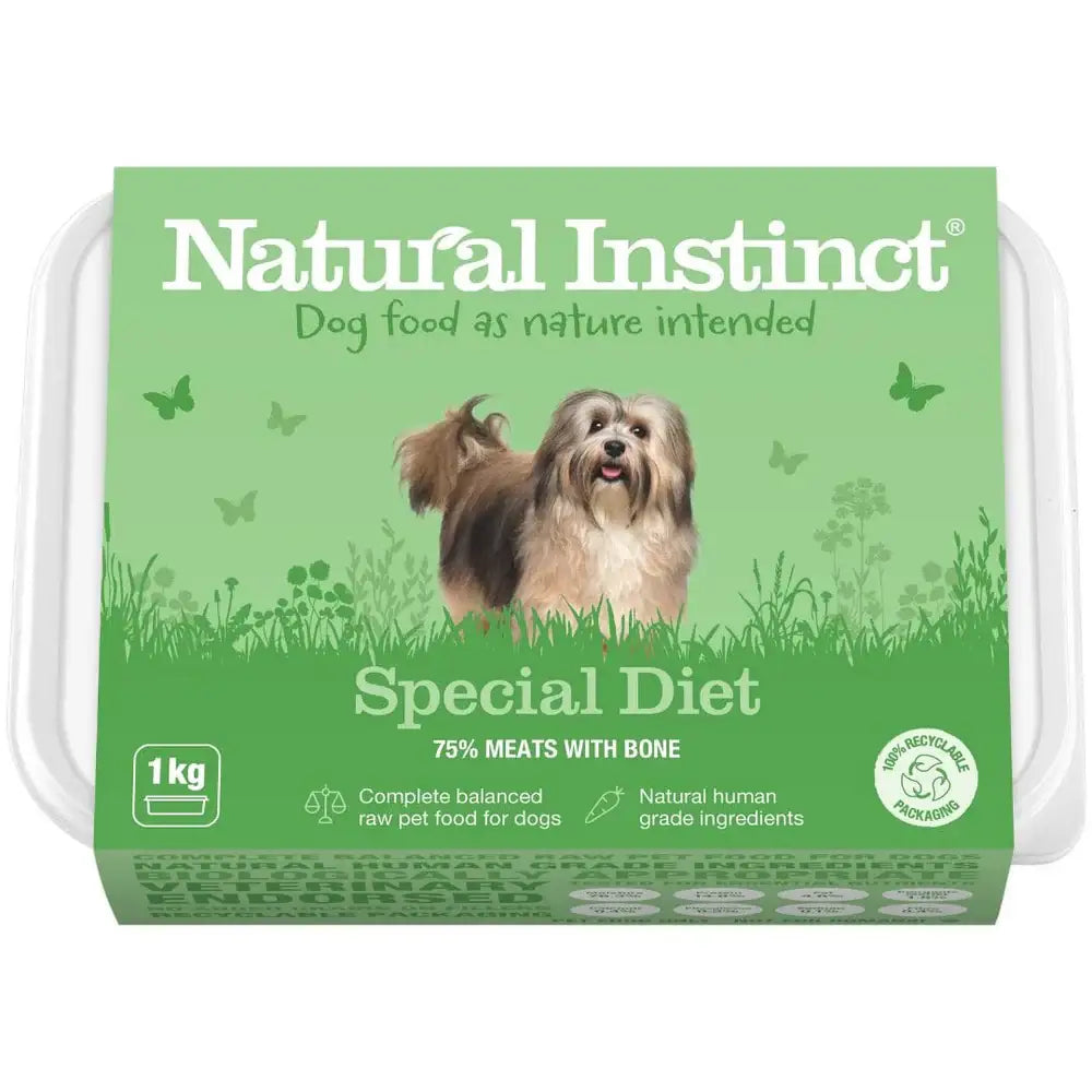 Natural Instinct Special Diet dog food with beef white tripe, brewers yeast, butternut squash, 75% meats with bone in green packaging