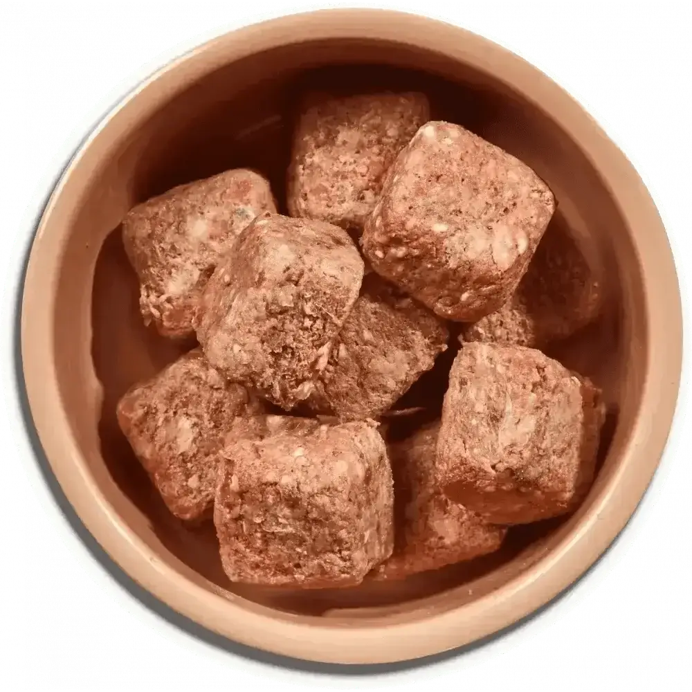 Brown ceramic bowl of Natures Menu beef chicken dog food nuggets with brown rice