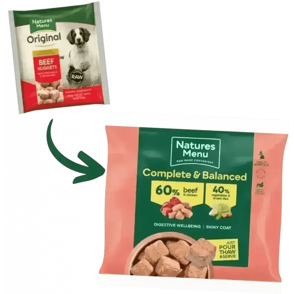 Natures Menu beef and chicken dog food nuggets with brown rice, pink green bag
