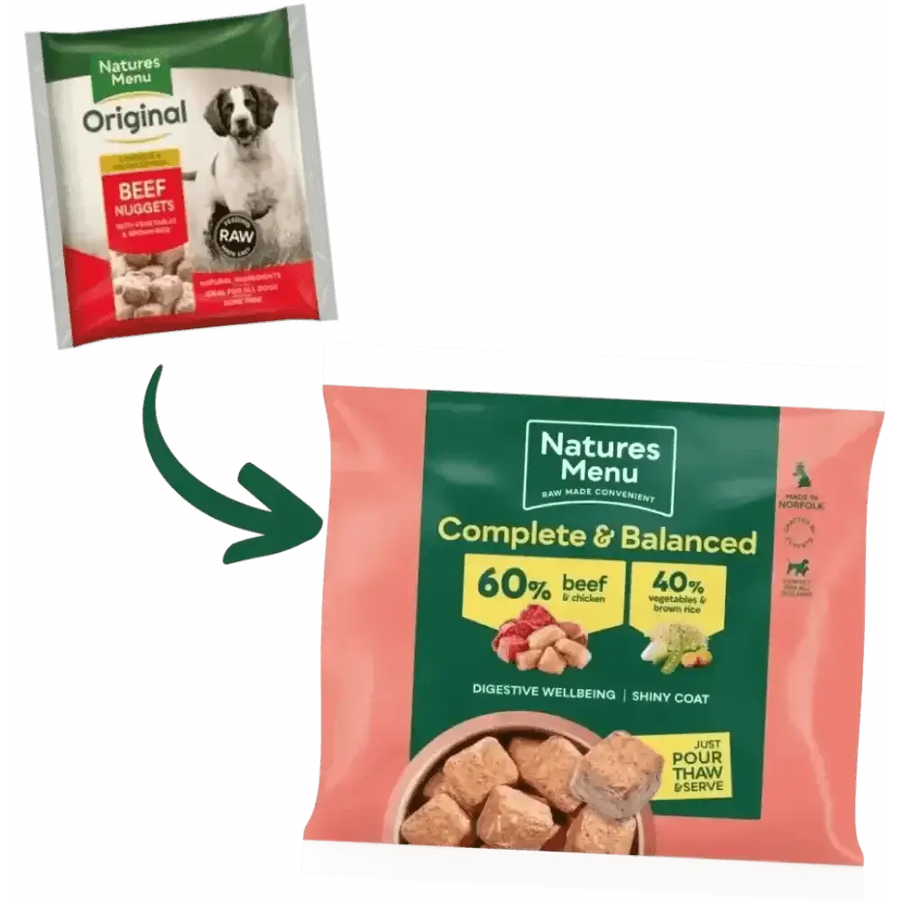 Natures Menu beef and chicken dog food nuggets with brown rice, pink green bag