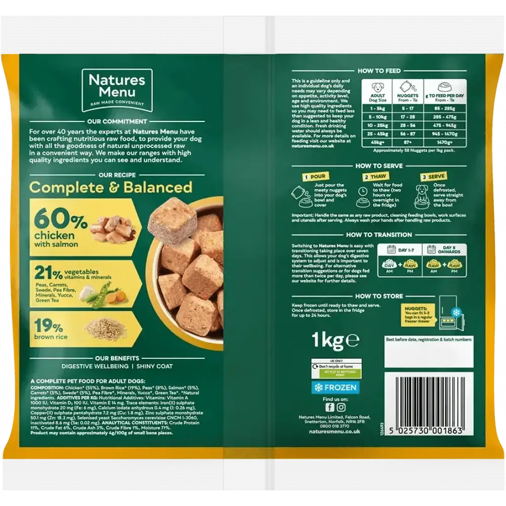 Natures Menu’s 60/40 chicken with salmon, vegetables and brown rice dog food bag