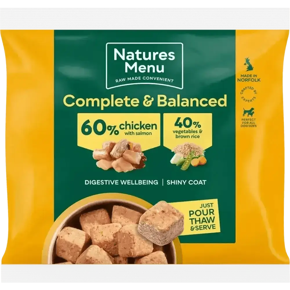 Natures Menu’s 60/40 chicken with salmon, vegetables and brown rice dog food pouch