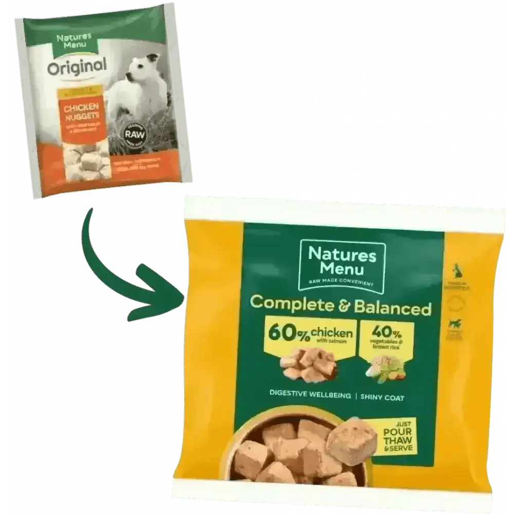 Natures Menu’s 60/40 chicken with salmon, vegetables and brown rice dog food pouch