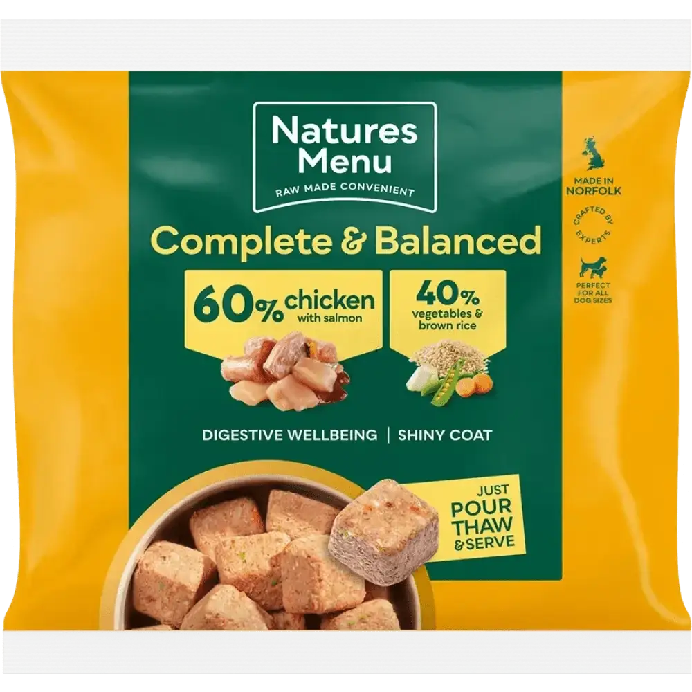 Natures Menu’s 60/40 chicken with salmon, vegetables and brown rice dog food pouch