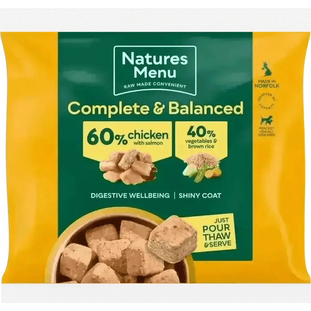 Natures Menu’s 60/40 chicken with salmon, vegetables and brown rice dog food pouch